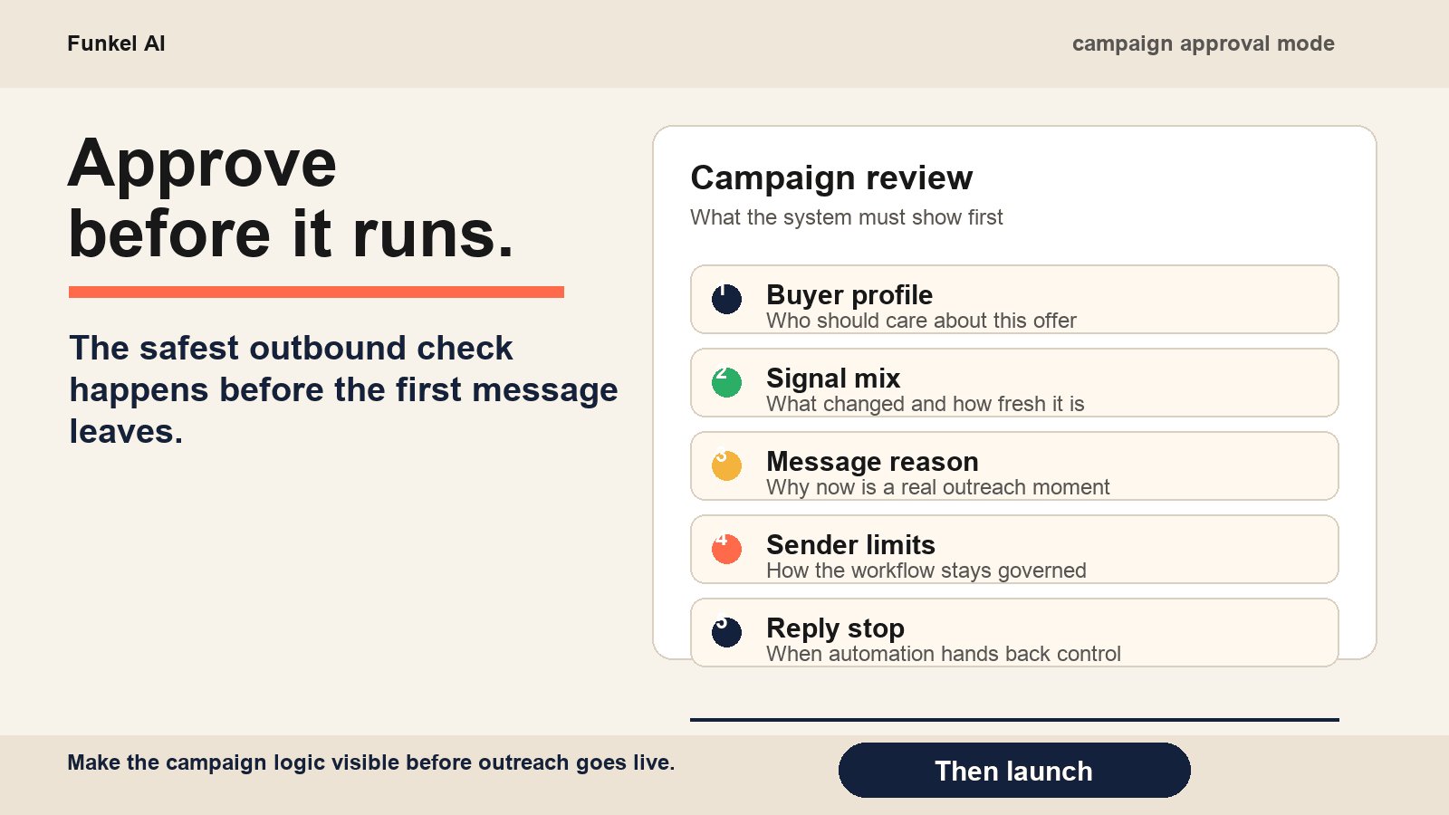 Funkel AI campaign approval mode checklist for safe outbound review before launch.