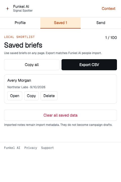 Signal Spotter saved briefs with fictional sample details