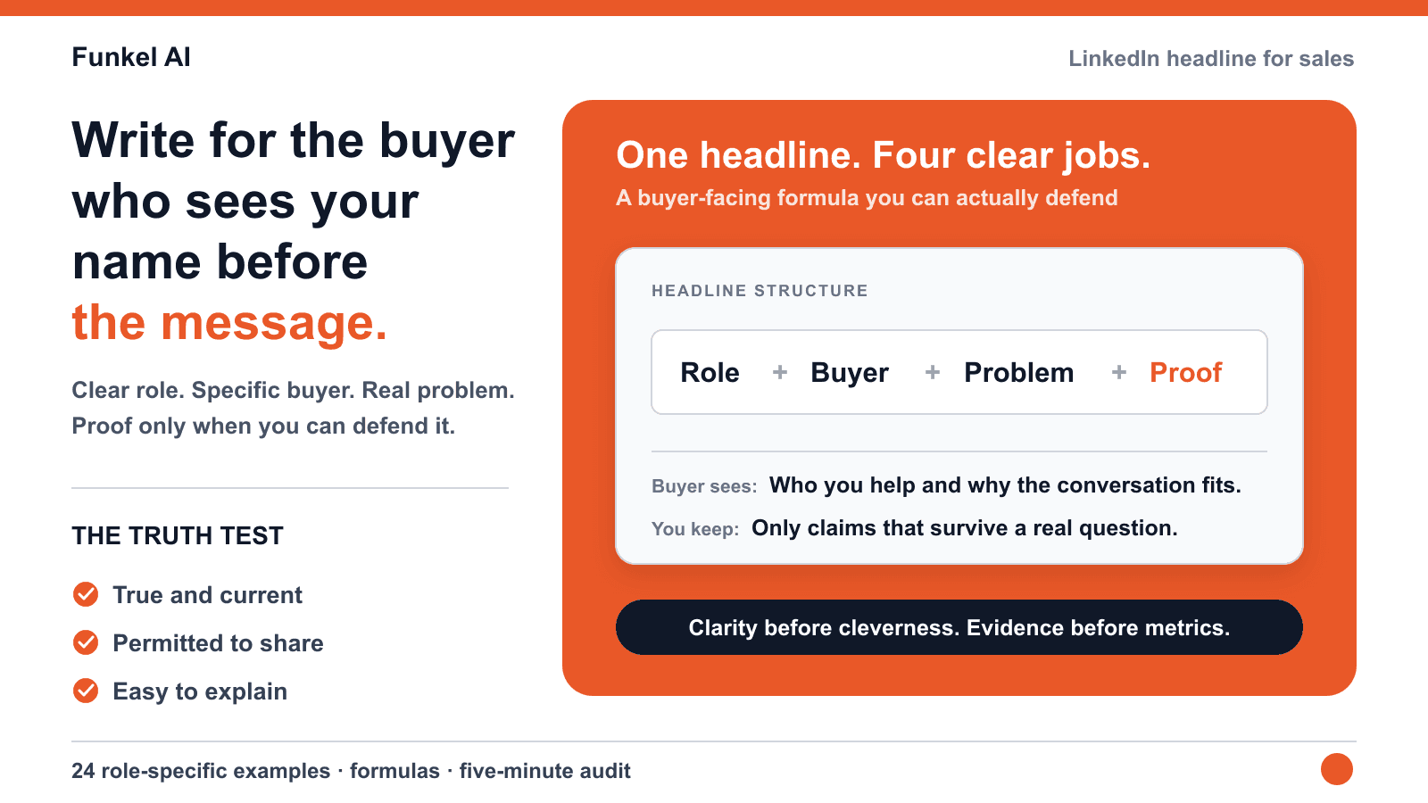 Funkel AI LinkedIn sales headline framework connecting role, buyer, problem, and honest proof.